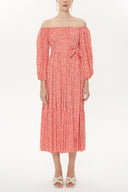 Kırmızı Kayık yaka balon kollu elbise 93421