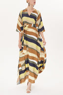 Kahve Sarı Çizgili Bol kesim elbise 93434