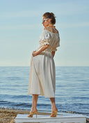 Ekru Düşük omuz lastikli  keten elbise 93569