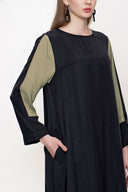 Haki Siyah Kontrast detaylı midi elbise 93721