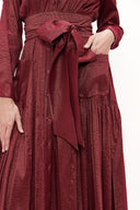 Bordo Büzgü detaylı uzun  elbise 93758
