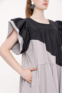 Siyah Gri Kontrast renkli büzgülü elbise 93944