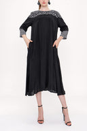 Siyah Desenli kumaş kombinli elbise 93950