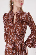 Kahve Beli lastikli büzgülü uzun elbise 94251