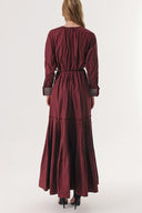 Bordo Pilise detaylı manşeti kristal taşlı bol kesim elbise 94310