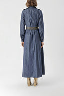 Lacivert Altın Düğme ve dantel detaylı uzun denim elbise 94326