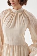 Bej Büzgülü bol kesim  uzun elbise 94343