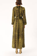 Leopar-Olive Uzun kemerli viskon elbise 94355