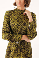 Leopar-Olive Uzun kemerli viskon elbise 94355