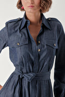 Lacivert Çıt çıt detaylı uzun denim elbise 94372