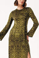 Leopar-Olive Uzun vücuda oturan yırtmaç detaylı elbise 94379