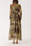 Desenli Büzgülü ve püskül detaylı uzun gömlek elbise 94404