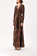 Leopar Düğme detaylı uzun kemerli elbise 94407