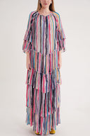 Çizgili Büzgülü katlı bol kesim uzun elbise 94452