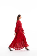 Kırmızı Büzgü detaylı balon kollu payetli elbise 94468