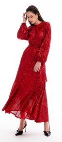 Kırmızı Büzgü detaylı balon kollu payetli elbise 94468