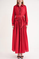 Kırmızı Dantel detaylı büzgülü uzun gömlek elbise 94511