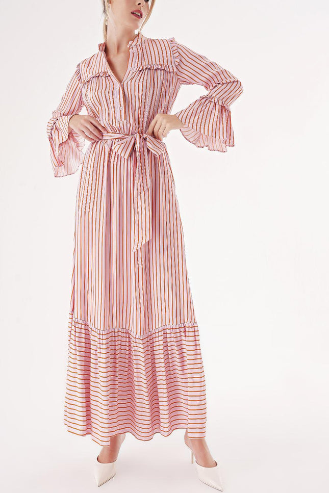 Striped Long dress with elasticated gathers at the waist 94541