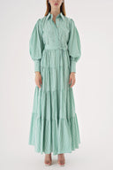 Yeşil Balon kol büzgülü kristal taş detaylı gömlek elbise 94546