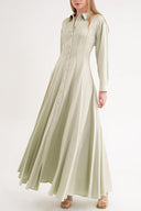 Yeşil Belden oturtmalı godeli uzun gömlek elbise 94574