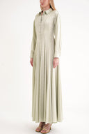 Yeşil Belden oturtmalı godeli uzun gömlek elbise 94574