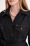 Lacivert Cep detaylı uzun gömlek elbise 94587