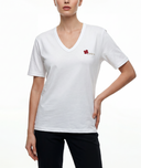 Ekru Nakış detaylı kısa kollu V yaka t-shirt 19938