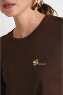 Kahve Nakış detaylı bisiklet yaka kısa kollu t-shirt 19943