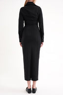 Siyah Dar kesim büzgü detaylı uzun gömlek elbise 94664
