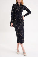 Desenli Dar kesim büzgü detaylı uzun gömlek elbise 94664