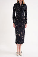 Desenli Dar kesim büzgü detaylı uzun gömlek elbise 94664