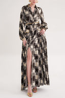 Desenli Şerit detaylı büzgülü bol kesim uzun gömlek elbise 94675