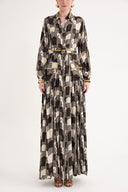 Desenli Şerit detaylı büzgülü bol kesim uzun gömlek elbise 94675