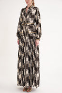 Desenli Şerit detaylı büzgülü bol kesim uzun gömlek elbise 94675