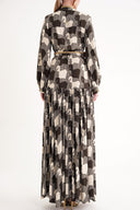 Desenli Şerit detaylı büzgülü bol kesim uzun gömlek elbise 94675