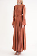 Tarçın Vücuda oturan plise detaylı uzun elbise 94704