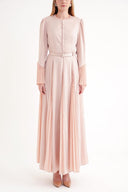 Bej Vücuda oturan plise detaylı uzun elbise 94704