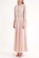 Bej Vücuda oturan plise detaylı uzun elbise 94704