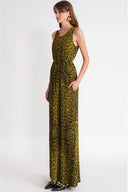Leopar-Olive Yırtmaç detaylı kolsuz bol kesim elbise 94718