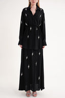 Siyah Kristal taş işlemeli bol kesim gömlek ve beli lastikli etek ikili takım 12388