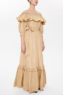 Vizon Düşük omuzlu fırfırlı uzun elbise 93073