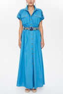 Mavi Cepli beli lastikli uzun  elbise 93098