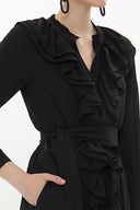 Siyah Fırfırlı  beli lastikli uzun  elbise 93262