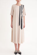 Bej Bağcık detaylı yarım kol bol kesim elbise 93391