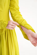 Sarı Belden oturtmalı büzgülü uzun elbise 94667 RPT