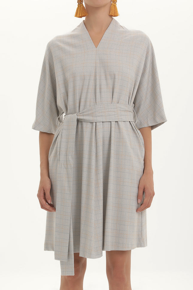 Gray Belted V-neck wide cut mini dress 92408