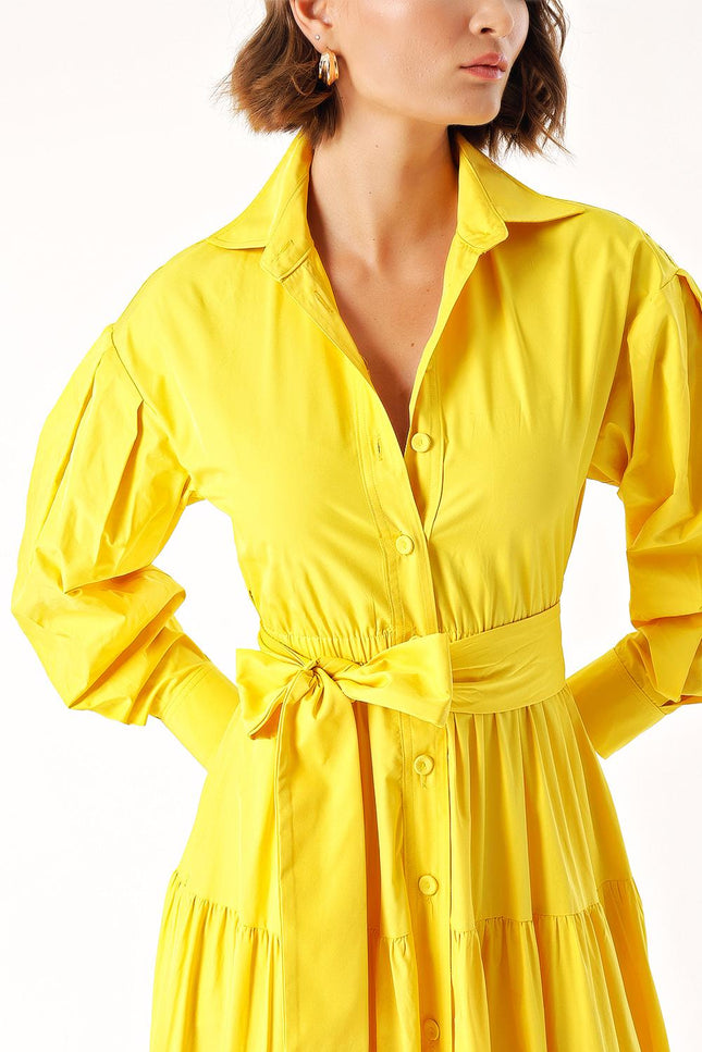 Yellow Long pleated dress with belt 94332