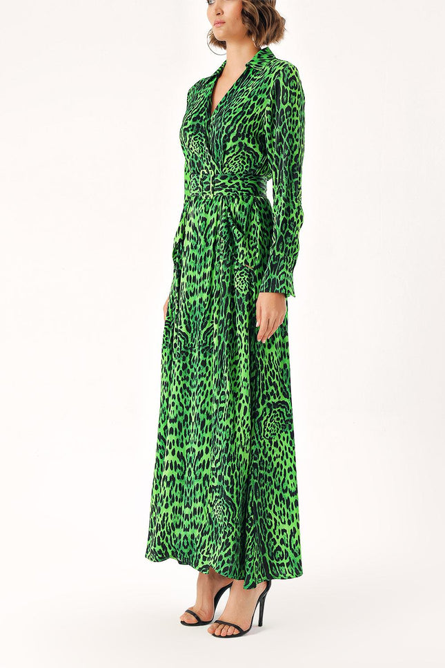 Leopar-Yeşil Büyük cepli kemerli kruvaze elbise 94216