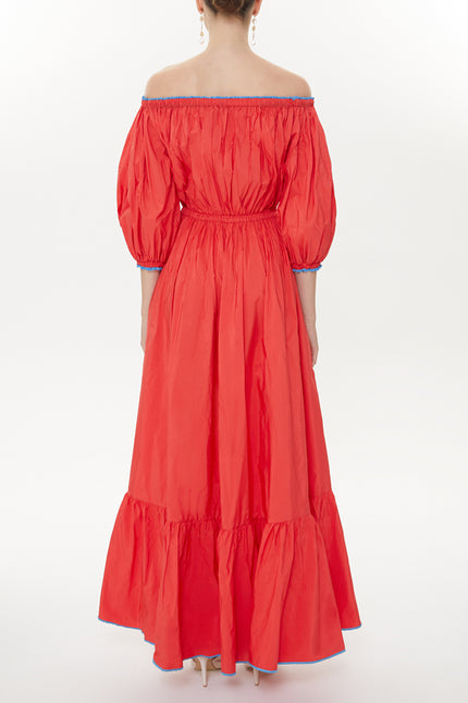 Coral Balloon sleeve elastic shoulder Pleated skirt maxi dress 93398