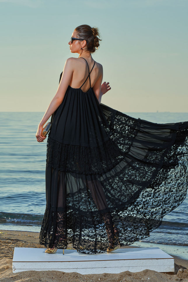 Black Ruffled wide cut lace dress 93555